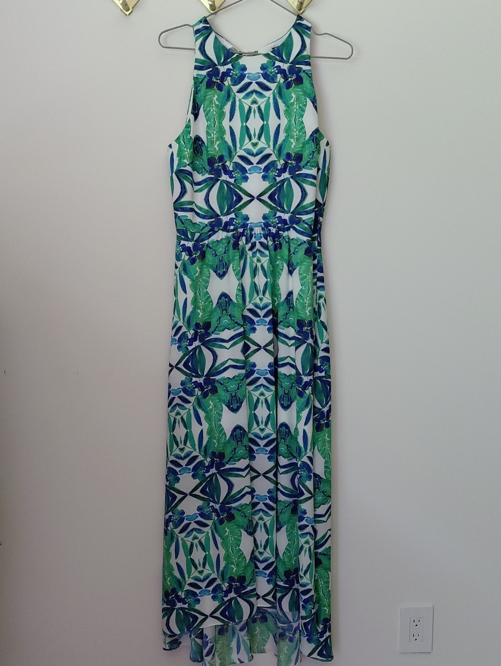 Cynthia Streffe Sleeveless Green & Blue Printed Maxi Dress